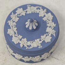 Wedgwood Blue Jasperware Round Trinket Box With Lid, Grapevines & Leaves