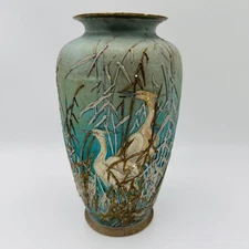 Porcelain Flower Vase Bird Heron Antique Japanese Jar Hand Painted 12.2 inch