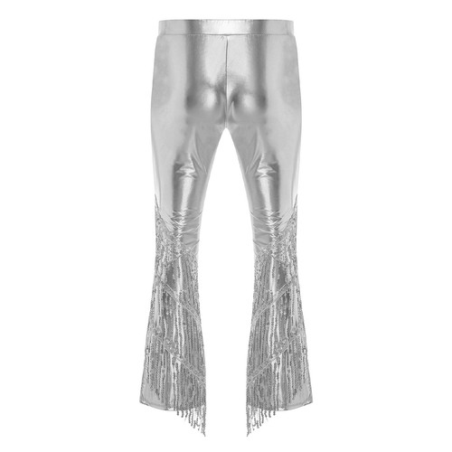 Mens 70s Disco Metallic Shiny Long Pants Bell Bottom Tassel Dance Trousers - Picture 26 of 44