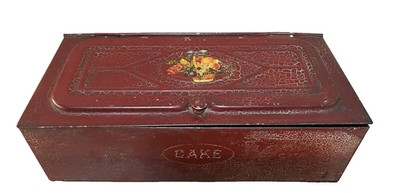 Antique metal tin Farmhouse stenciled ventilated Cake Storage Box Empeco?