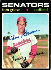TOM GRIEVE Signed 1971 Topps Baseball #167 AUTO SENATORS