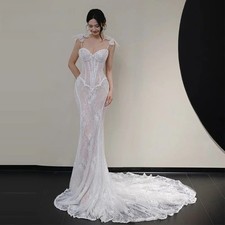 Sparkly Lace Mermaid Wedding Dress Spaghetti Strap with Flowers Bridal Gowns