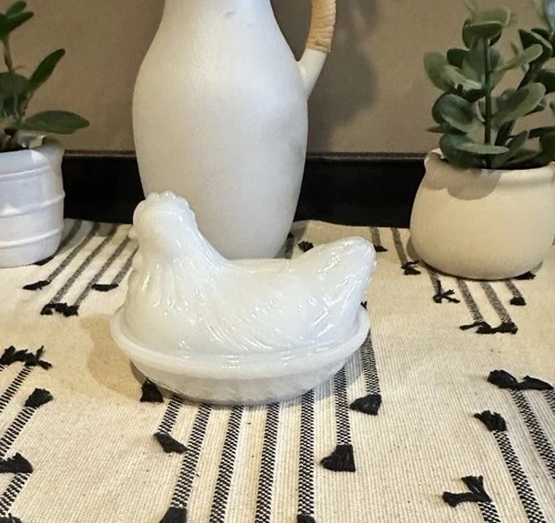 Vintage Milk Glass Hen on Nest Hazel Atlas 1950s MCM Mini Covered Dish Chicken