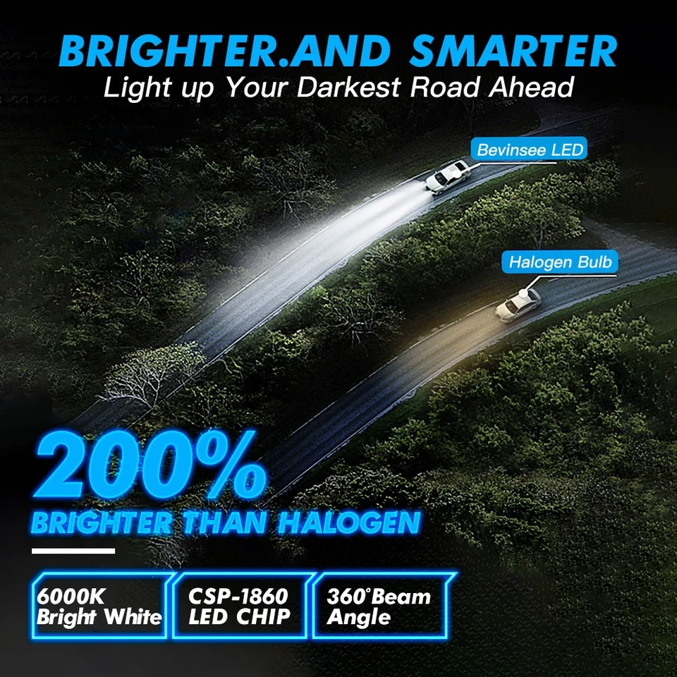 BEVINSEE 2x 9007 HB5 LED Headlight Bulbs CSP 50W 6000LM High Low Beam 6000K Kit - Image 2 of 4