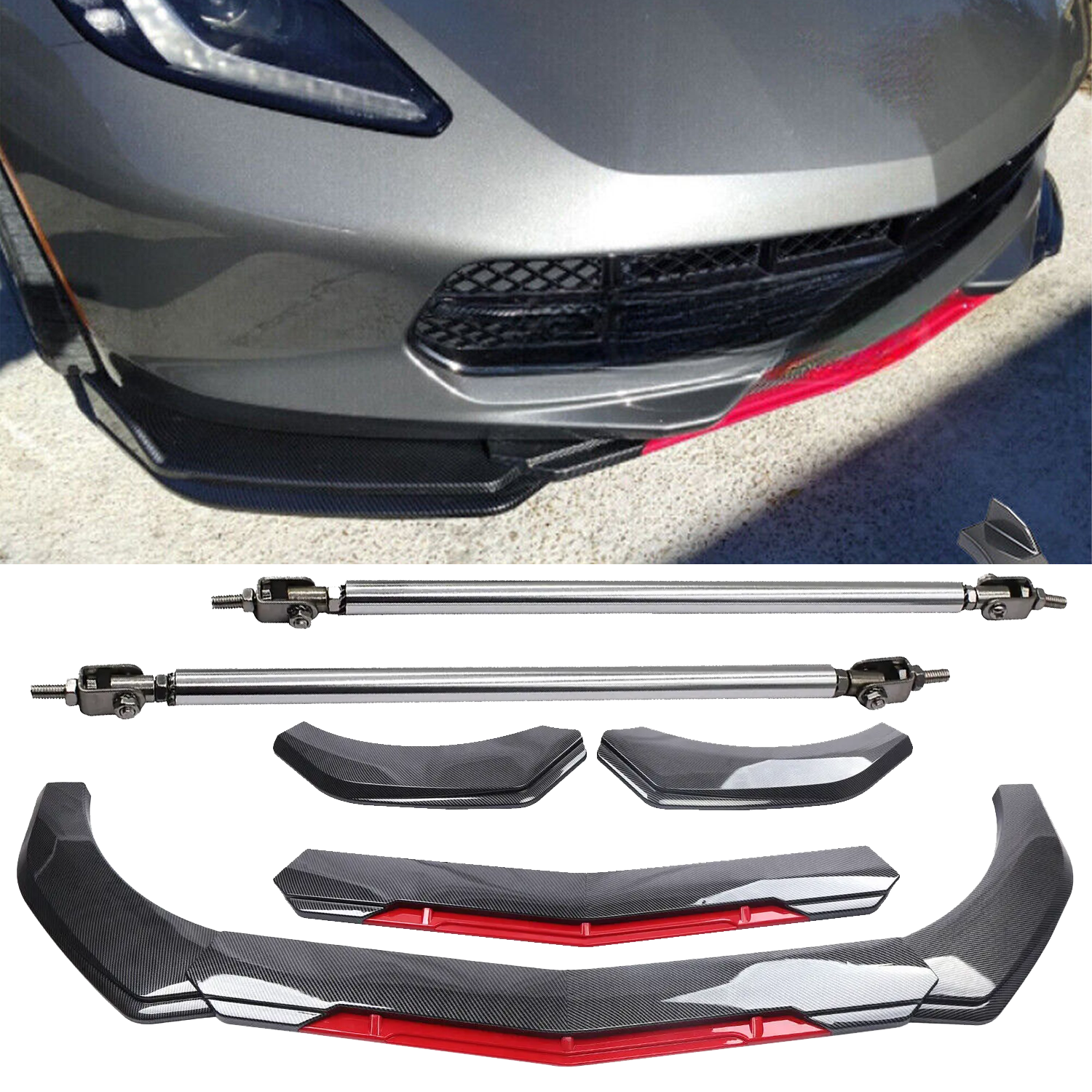 For 14-19 Corvette C7 Front Bumper Lip Spoiler Splitter Strut Rod Carbon Fiber