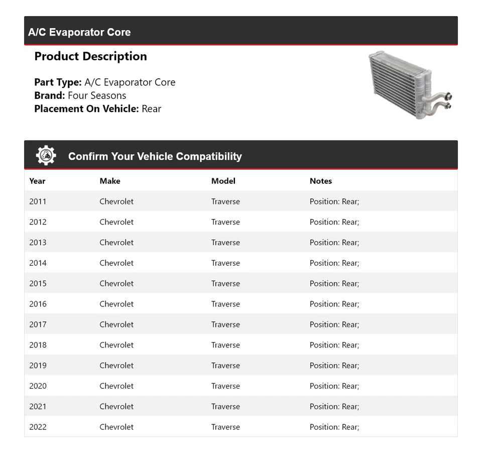 Para Chevrolet Traverse 2011-2022 A/C Evaporador Núcleo Trasero 4 Temporadas 2012 2013 Foto 2 de 4