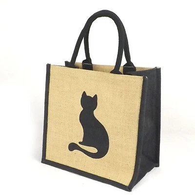 COOCOO Medium Jute Hessian Burlap Black Trim Shopping Bag Shopper - Printed Cat Motif