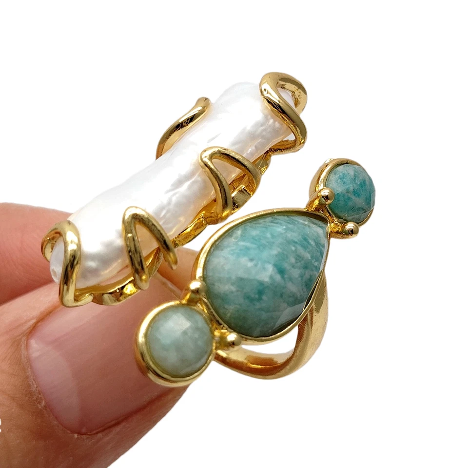 Anillos ajustables de amazonita azul perla Biwa blancos cultivados Foto 3 de 4