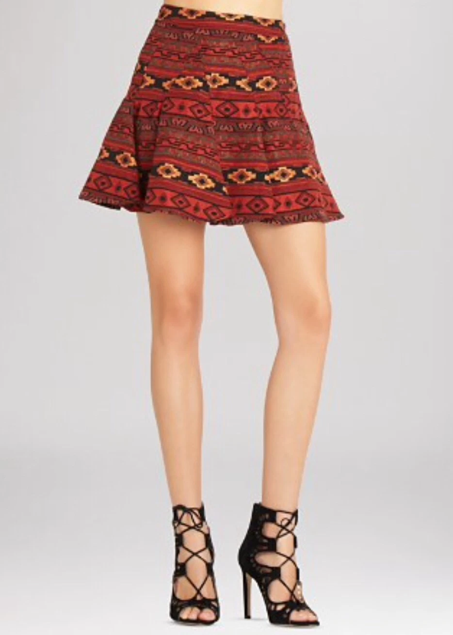 NWT BCBGeneration $88 Flared Jacquard Mini Skirt Size 2 Red Multi Aztec