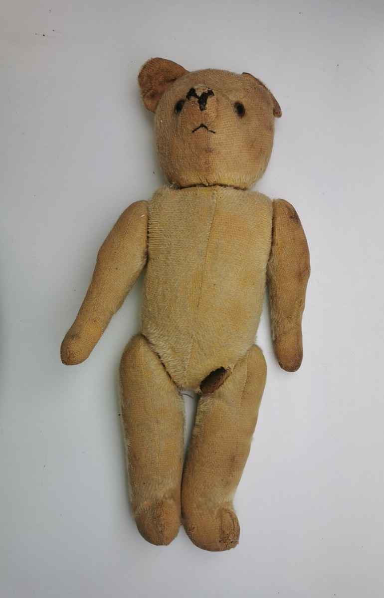 Ours ancien peluche à restaurer - beige, yeux bleus verre, 25 cm