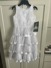 White First Communion Flower Girl Pageant Dress Size 8 Tulle Pearl Ruffle