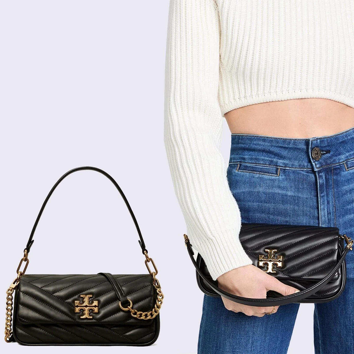 448$ Tory Burch Black Mini Kira Chevron Small Flap Shoulder Bag Black  Quilted