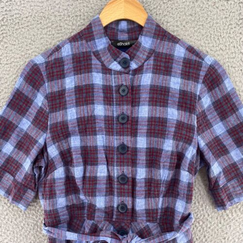 Vestido Eshakti Mujer Pequeño Azul Cuadros Cambray Camisa Botón Delantero Cinturón Retro - Imagen 2 de 12