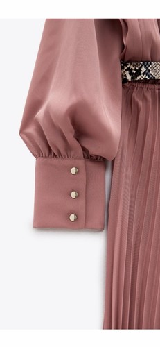 Zara Dusk Pink Pleated Midi Dress with animal print leather belt Size S - Picture 4 of 5