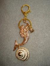5 3/8" Drop Gold Plate Mermaid, Shell and Turtle Key Ring Dangle