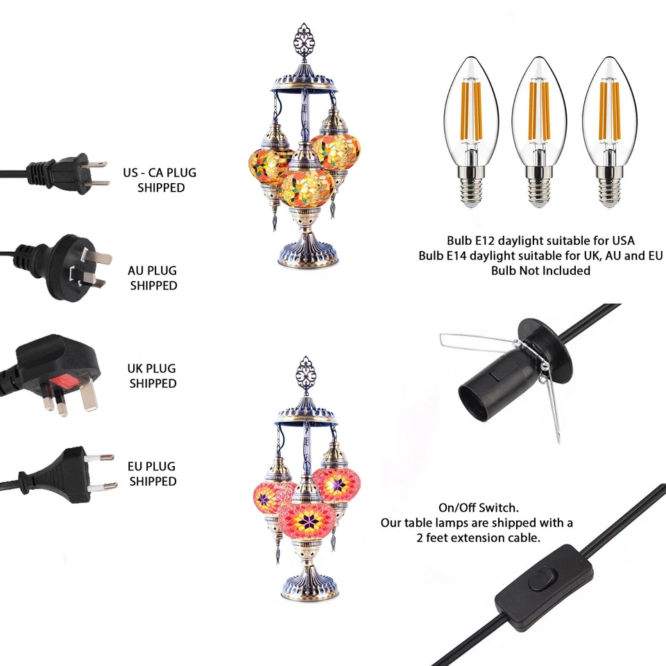 土耳其灯,3 环形土耳其台灯,马赛克摩洛哥书桌灯,Asylove — 第 4/4 张图片