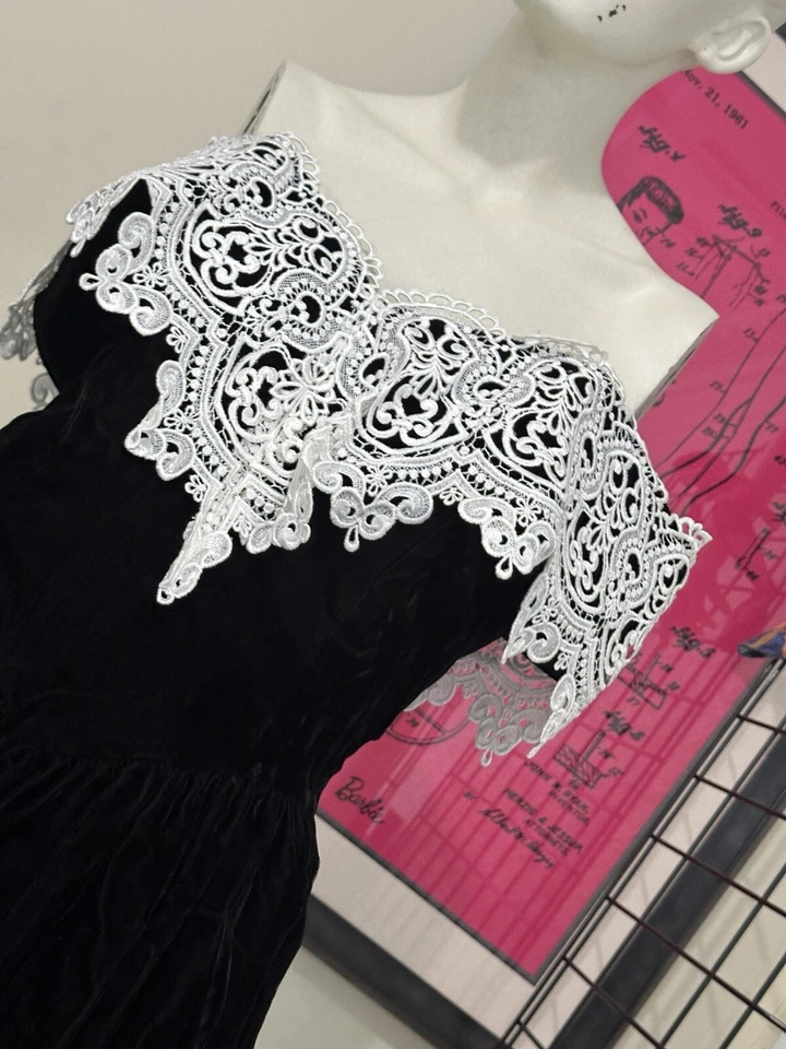 Vestido Formal Gunne Sax Años 80-Terciopelo Negro-Gótico-Promoción-Fiesta-Miércoles-Promoción-S Foto 3 de 4