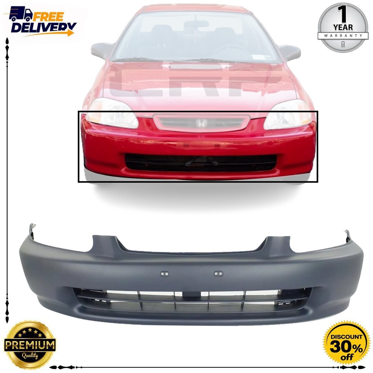 Front Bumper Cover Primed For 1996-1998 Honda Civic HO1000172