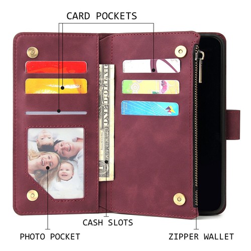 For iphone Case 14 pro max 13 12 11 SE XS XR Zipper Wallet Leather Phone Cover - Picture 19 of 36