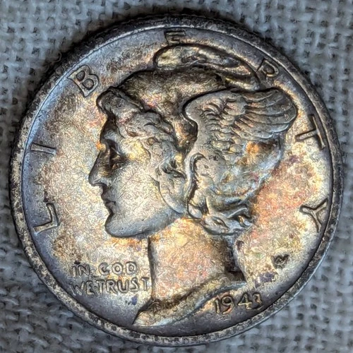 1943 S Mercury Dime XF : Extra Fine, Colorful Tone, SF Mint - .9 Fine Silver