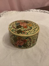 VINTAGE KASHMIR HANDMADE & PAINTED PAPIER MACHE FLORAL OVAL TRINKET BOX W/ LID