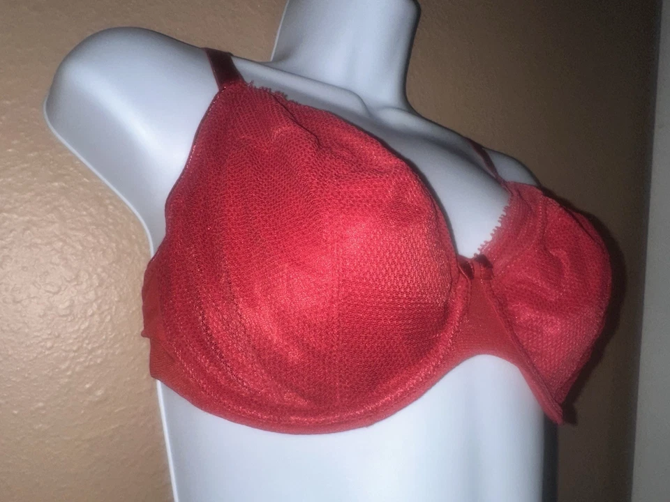 Chantelle Parisian Unlined Plunge Bra Underwire UkSz 32E US Sz 32DDD Red  14710 - Image 3 of 4