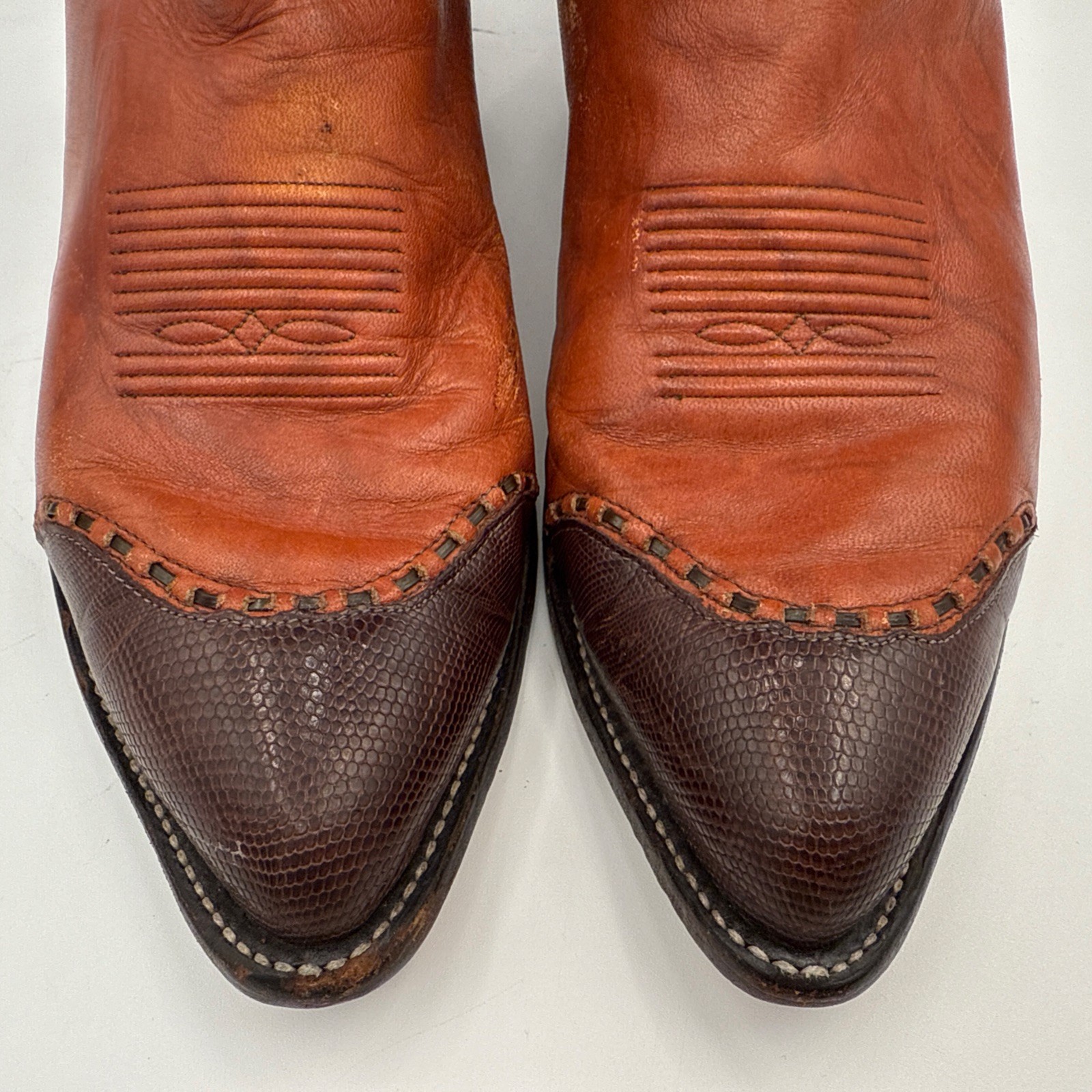 Vintage Men’s Tony Lama Cowboy Boots Two Tone Brown Lizard Wingtip Toe 11.5D USA