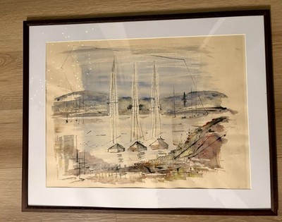 Large Original Signed Alfred Birdsey Watercolor  Bermuda Harbor Early 1900 s