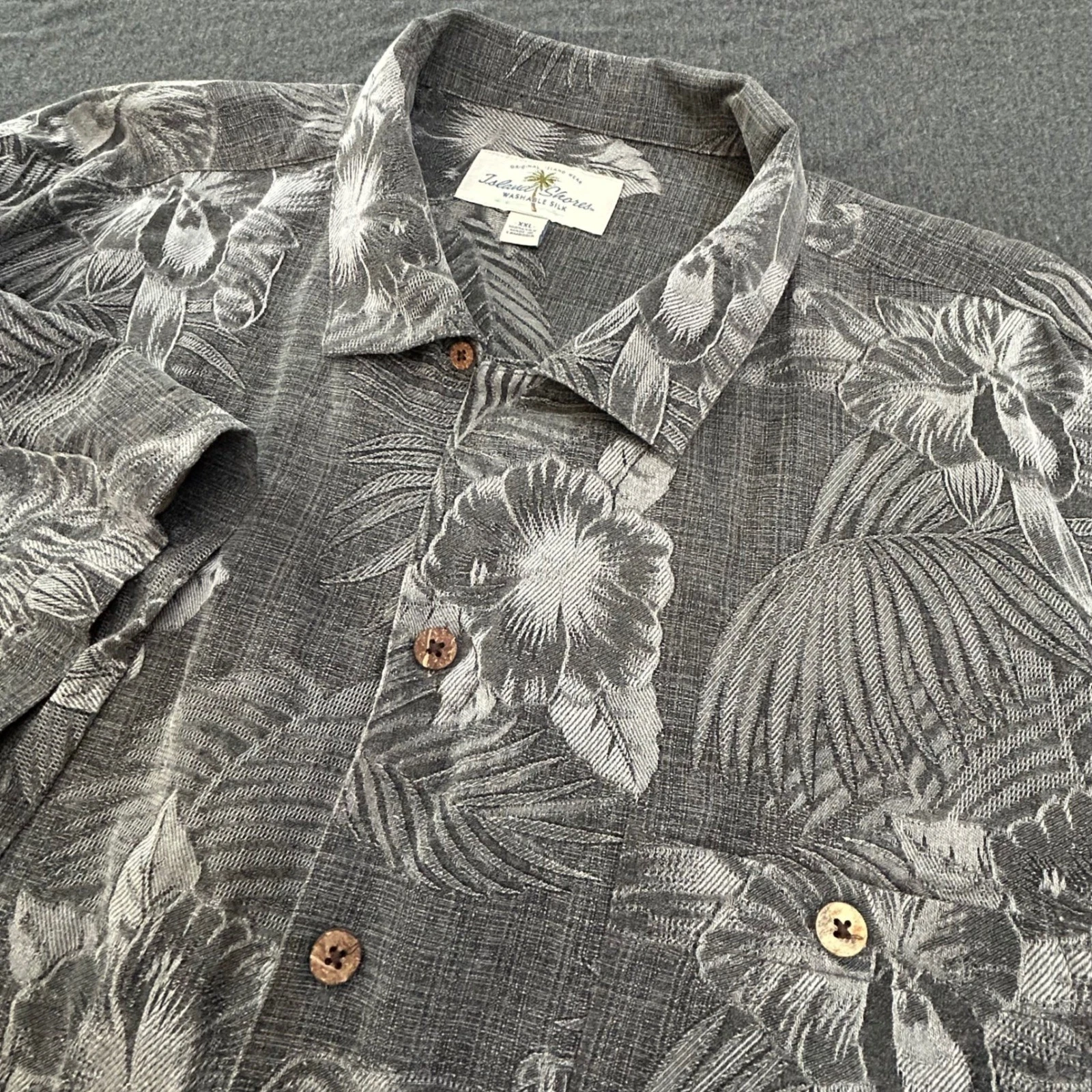 Island Shores Mens XXL Washable Silk Hawaiian Shirt Charcoal Grey Floral