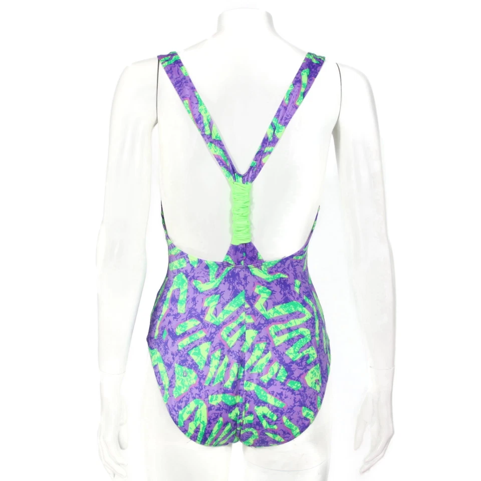 TRAJE DE BAÑO NEÓN de colección años 80 90 surf playa verde púrpura Baywatch para mujer talla 9/417 Foto 3 de 4