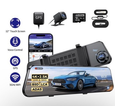 AZDOME 12''2CH Dash Cam Rückspiegel 4K+2.5K vorne hinten 5GWiFi GPS DVR+64GB TF