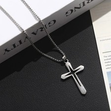 Cross inside a cross pendant necklace silver plated over stainless steel