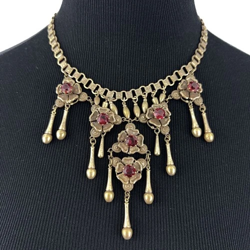 FLORAL FESTOON vintage necklace - early Miriam Haskell? brass w/ red rhinestones