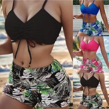 Ladies Two Piece Plus size Bikini Set High Waisted Swim Shorts Tropical Swimwear