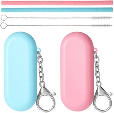 2 Set Silicone Straws with Case, Reusable Silicone Portable Drinking Straw Set C