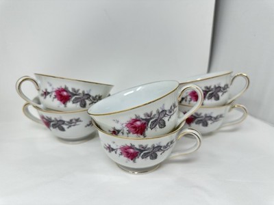 6 Vintage Spring China Japan Greystone White Porcelain Rose Tea Cups