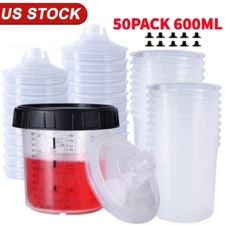 50pcs PPS CUPS Disposable Paint Spray Gun Cup Liners and Lid System 600ML 20oz