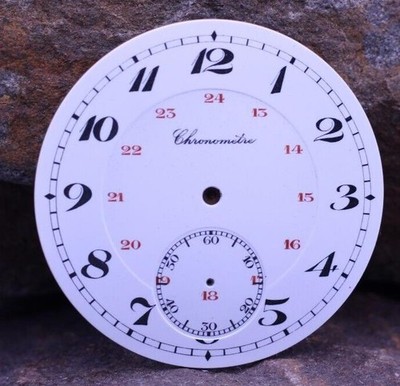 NOS SWISS PORCELAIN POCKET WATCH CHRONOMETRE RAILROAD DIAL RED 24hr 42.5mm (DJ)