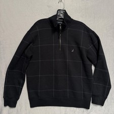 Nautica Sweatshirt Mens Small Black 1/4 Zip Fleece Plaid Mock Neck Pullover Logo