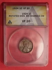 1924 Lincoln Wheat Cent Mint Error - ANACS VF 20 - Rotated Die - Rare