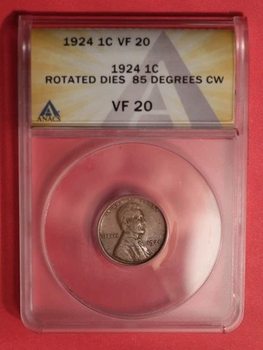 1924 Lincoln Wheat Cent Mint Error - ANACS VF 20 - Rotated Die - Rare
