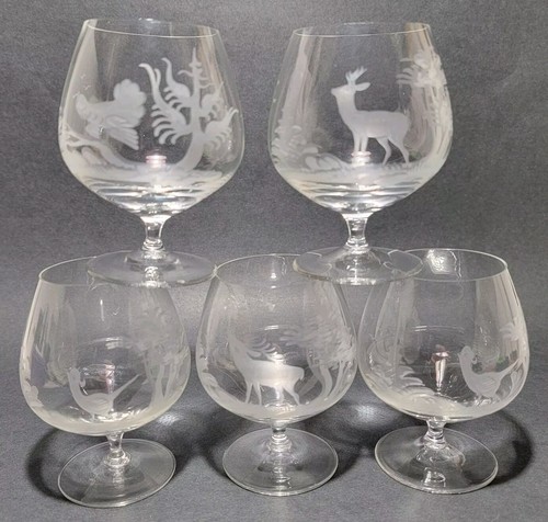 Vintage Crystal Brandy Cognac Sniffers Glasses Wildlife Etched Lot of 5 - 第 1/16 張圖片