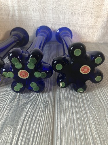 Vintage Cobalt Blue Glass Snowflake Candle Stick Holders Set Of 3 - Picture 5 of 9