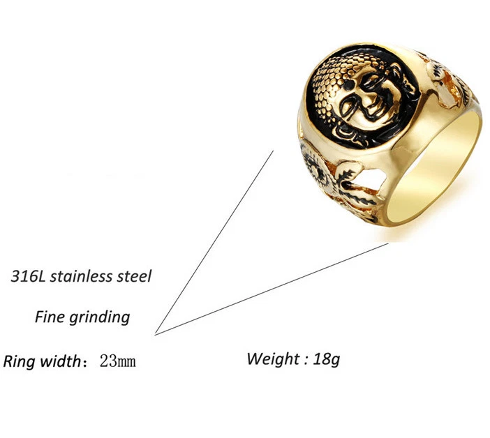 18k Gold Plated Stainless Steel Sakyamuni Buddha Head Men's Cool Design Ring M95 Foto 3 de 3