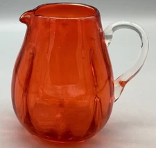 Vintage Hand Blown Small Orange Glass Pitcher/Creamer Clear Handle (Mexico)