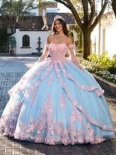 Glitter Appliques Quinceanera Dresses Prom Princess 3D Flower Ball Gown Sweet 15