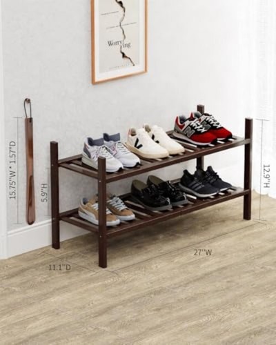 Brown 2Tier Stackable Bamboo Shoe Rack for Front Door Entrance with Shoe Horn - Picture 2 of 9