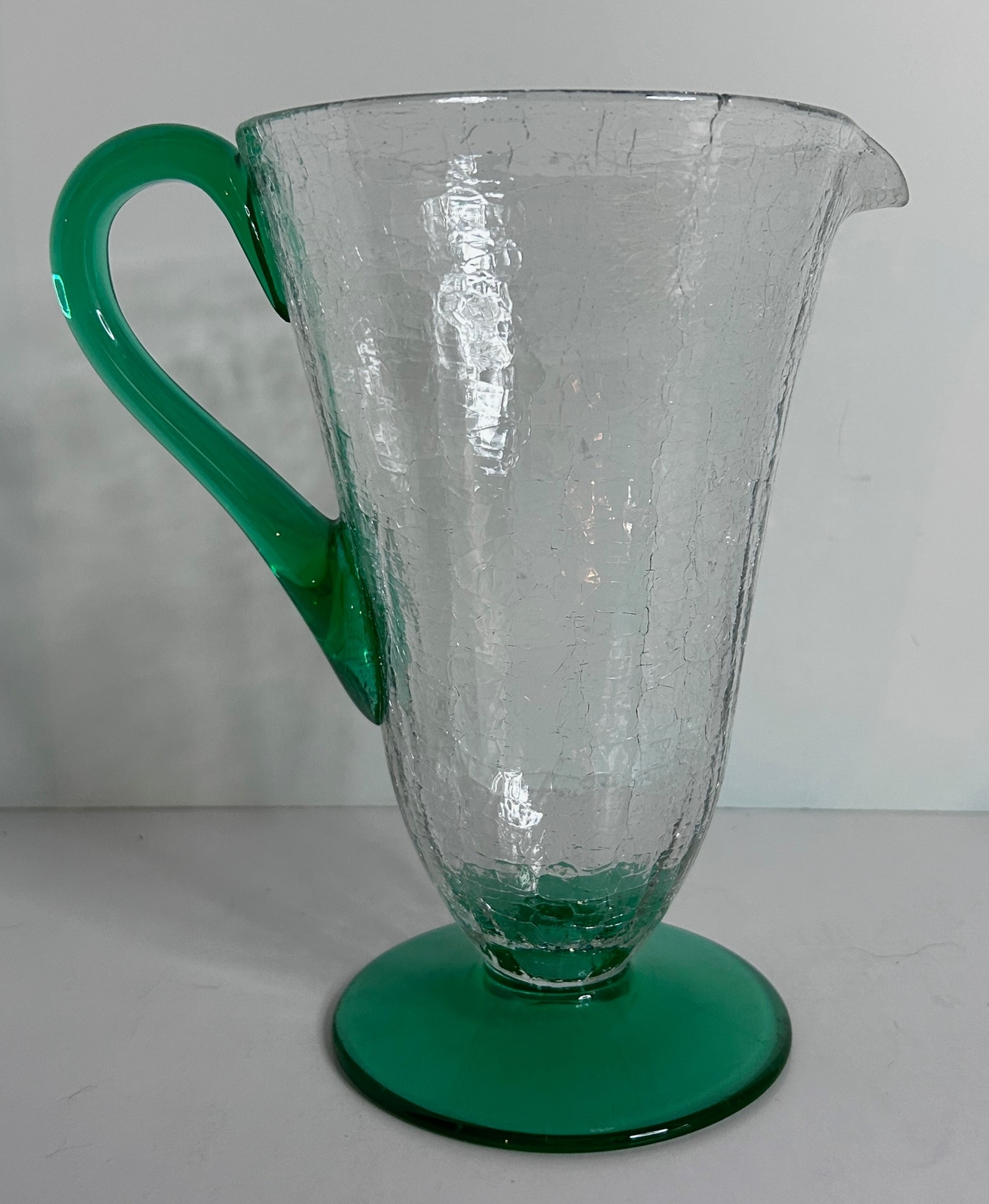 Vintage CRACKLE Glass Water Set Pitcher and 4 Tumblers Arctic Green Handle Base
