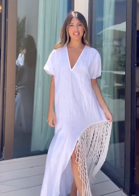 knee length dresses for ladies Embroidered Loose V-Neck White Linen Dress L / White main image 1