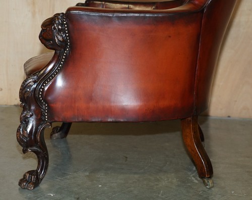 EXQUISITE ANTIQUE CIR 1840 HAND CARVED LIONS HEAD CHESTERFIELD LIBRARY ARMCHAIR - Picture 22 of 24